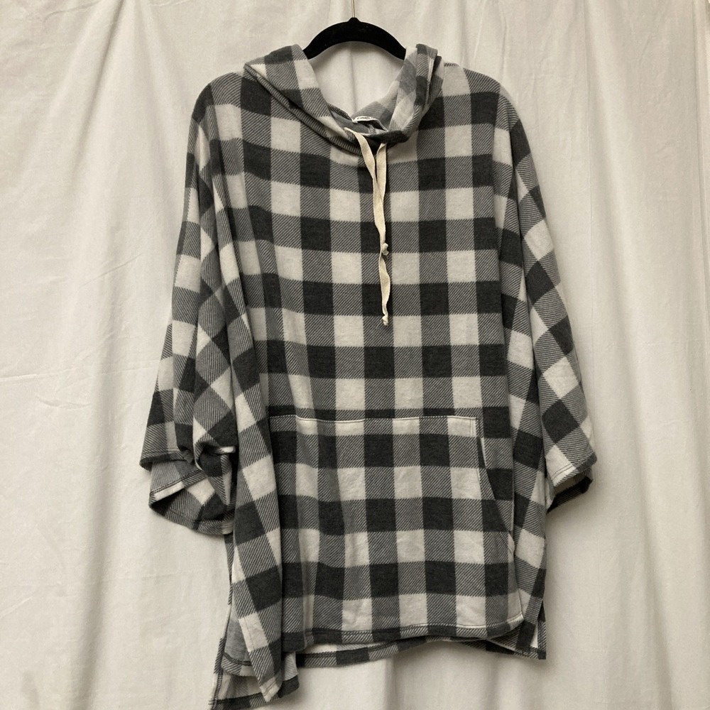 Cream N Sugar Black & White Buffalo Plaid 3/4 Sleeve Hoodie Kangaroo Pocket - 1X